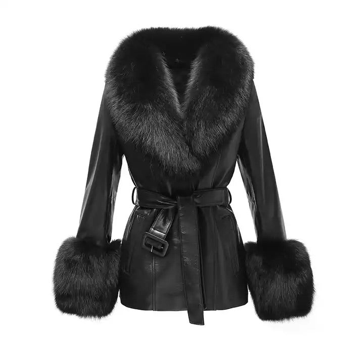 Baby Doll Leather Coat With Fox Fur Collar