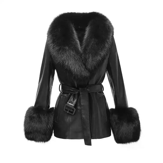 Baby Doll Leather Coat With Fox Fur Collar