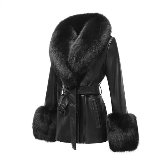 Baby Doll Leather Coat With Fox Fur Collar