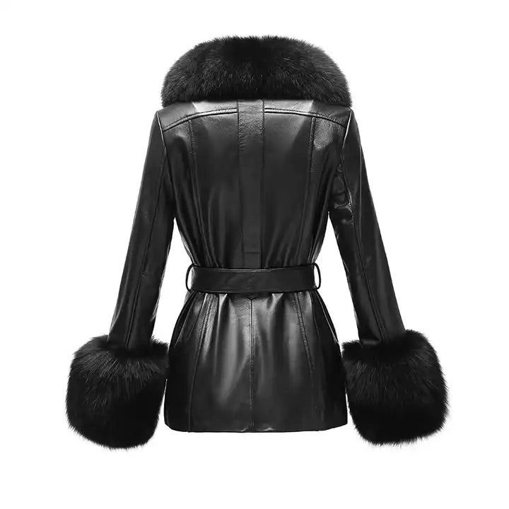 Baby Doll Leather Coat With Fox Fur Collar