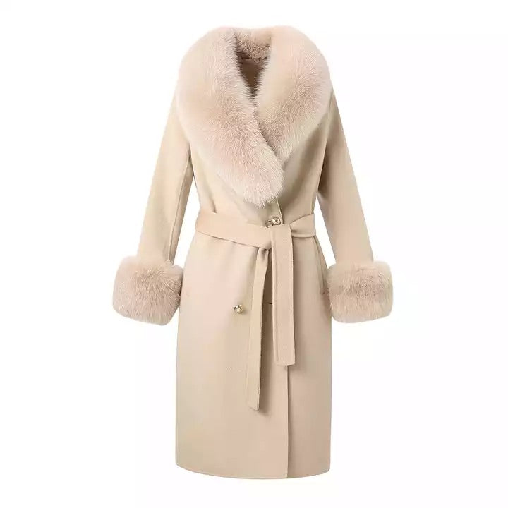 Bella Cashmere Trench Coat With Fox Fur Collar