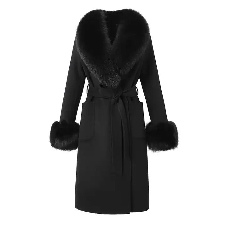 Royalty Cashmere Trench Coat With Fox Fur Collar