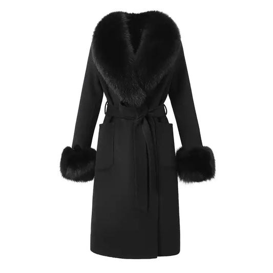 Royalty Cashmere Trench Coat With Fox Fur Collar